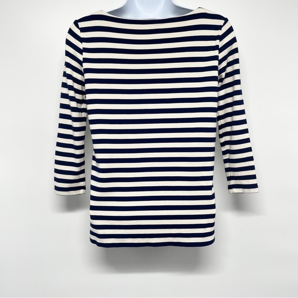 Madewell Stripe Turn Ponte Peplum Knit Top Blouse Navy Blue XS 08831 - Picture 5 of 7